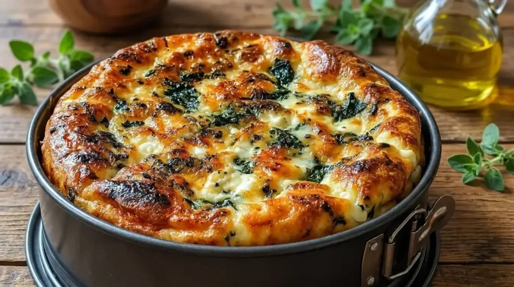 Whole baked deep-dish cottage cheese frittata in a springform pan with a golden cheese topping.