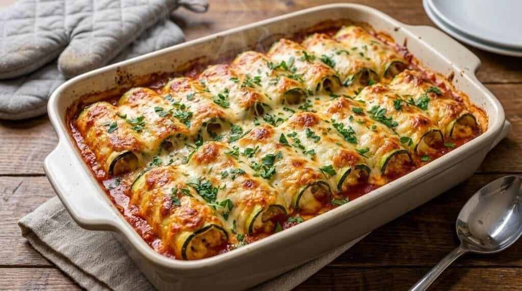 Freshly baked Italian Zucchini Roll-Ups bubbling in a casserole dish with a golden cheese topping.