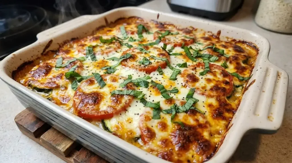 Freshly baked layered zucchini tomato mozzarella casserole bubbling in a baking dish with browned cheese spots.
