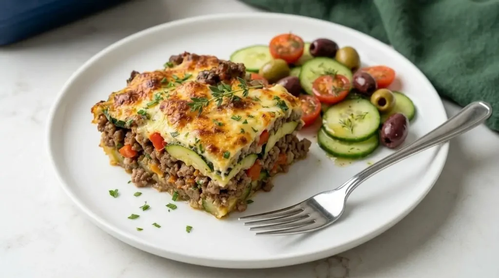 A square slice of cheesy ground beef and zucchini casserole served on a plate with a Mediterranean side salad.