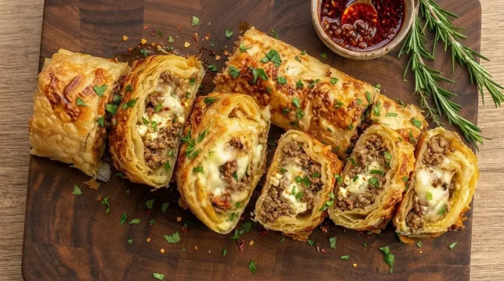 Crispy Mediterranean beef stuffed tortilla rolls sliced on a wooden board with melted cheese oozing out and harissa chili oil dip.