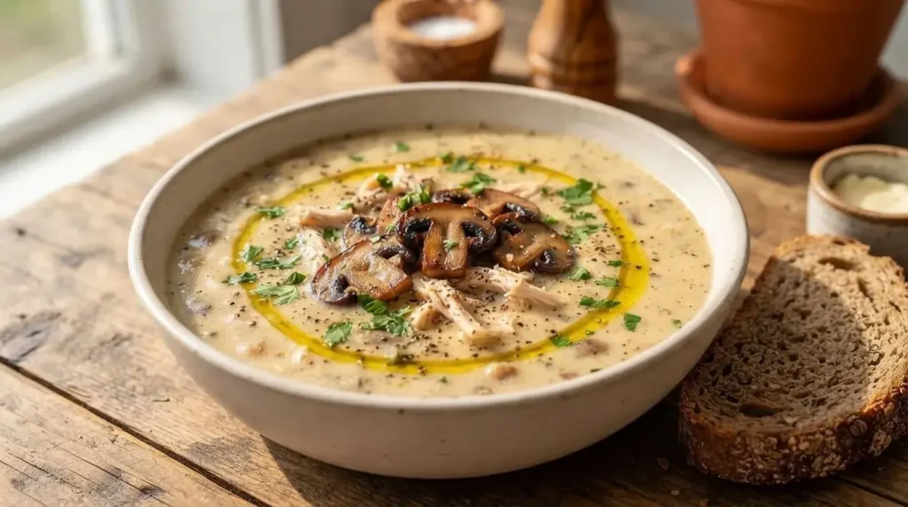 Creamy Mediterranean rotisserie chicken mushroom soup in a Dutch oven with seared mushrooms and fresh parsley garnish.