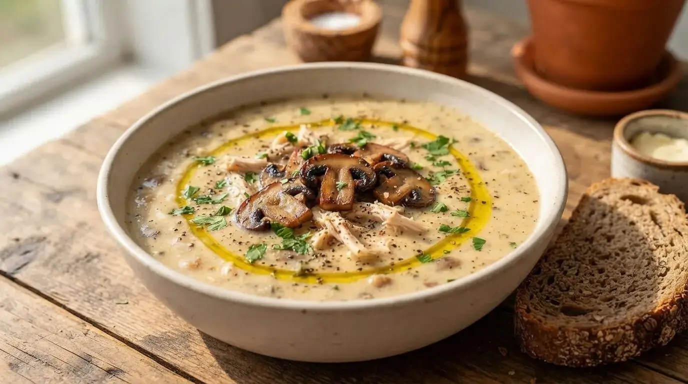 Creamy Mediterranean rotisserie chicken mushroom soup in a Dutch oven with seared mushrooms and fresh parsley garnish.