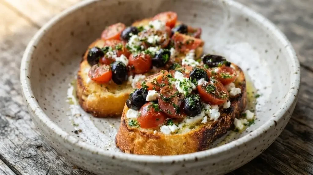 Golden toasted artisan bread topped with red cherry tomatoes, sliced black Kalamata olives, crumbled feta cheese, and fresh parsley on a rustic ceramic plate.