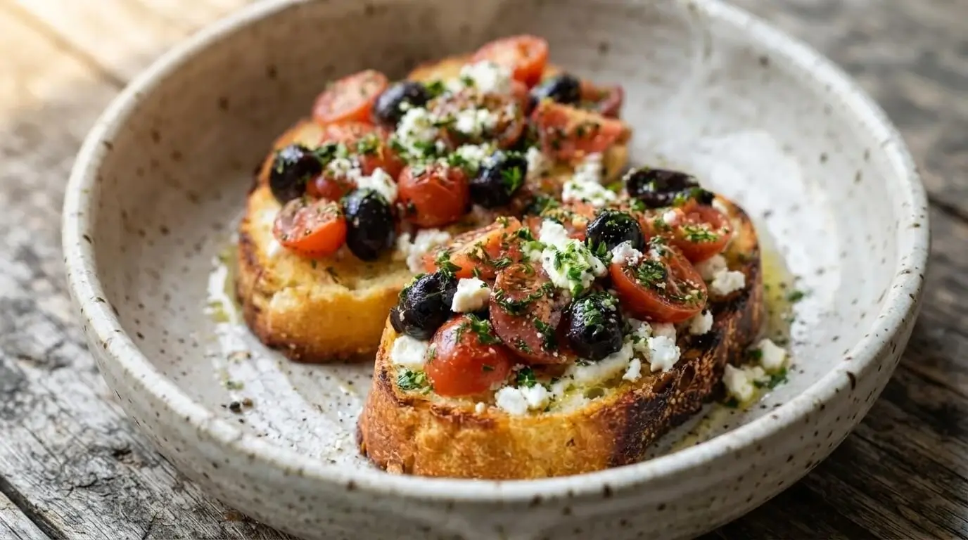 Golden toasted artisan bread topped with red cherry tomatoes, sliced black Kalamata olives, crumbled feta cheese, and fresh parsley on a rustic ceramic plate.