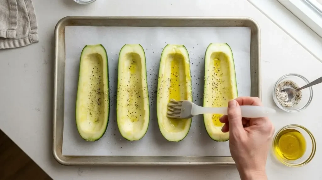 Scooped and prepped green zucchini boats brushed with olive oil on a baking sheet.