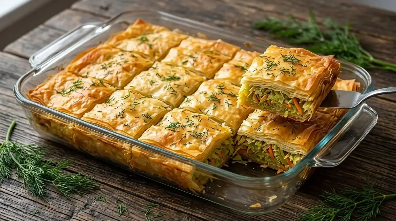 A golden-brown cabbage and carrot phyllo pie cut into squares in a glass baking dish.