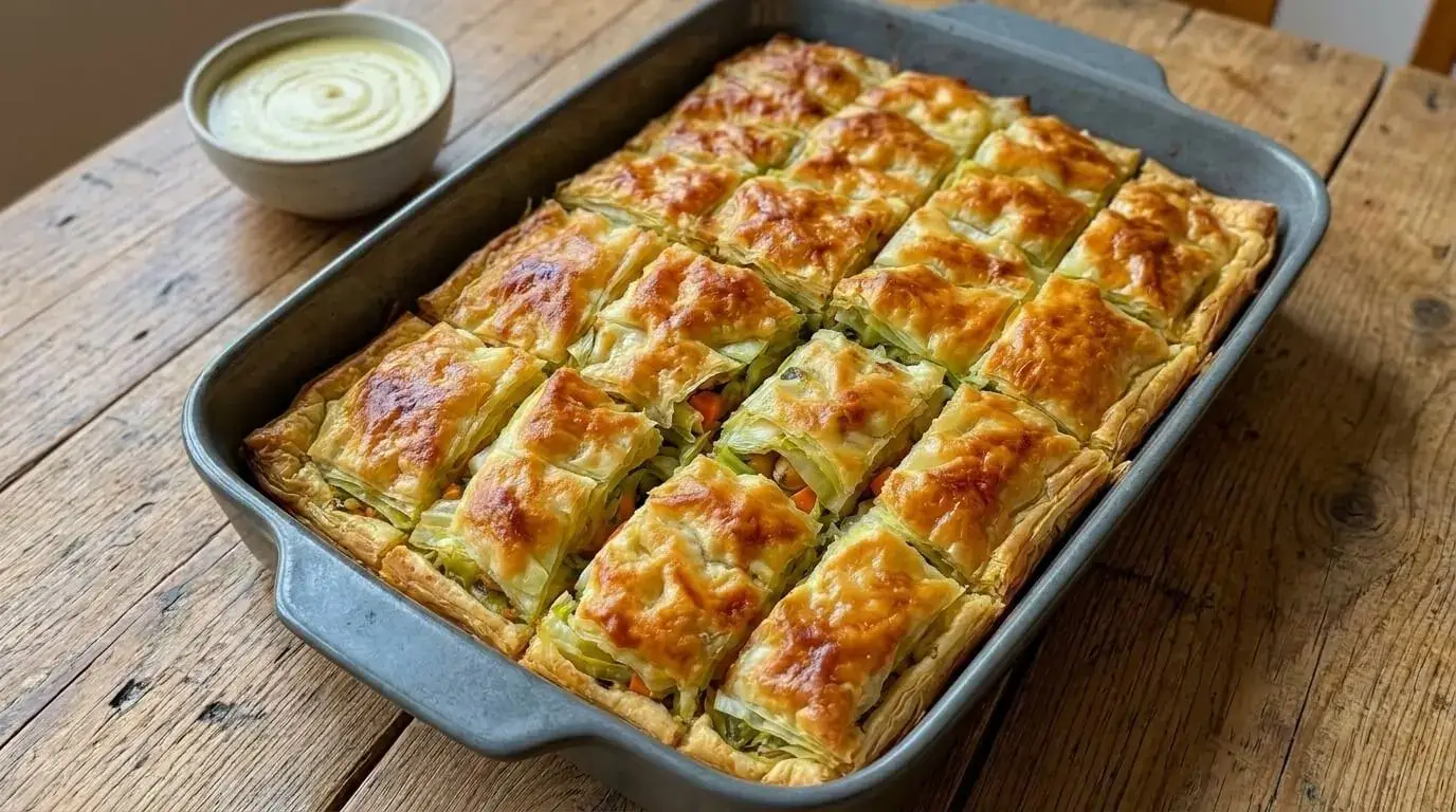 Golden baked cabbage and chickpea pie sliced into crispy squares in a baking pan with creamy dip.