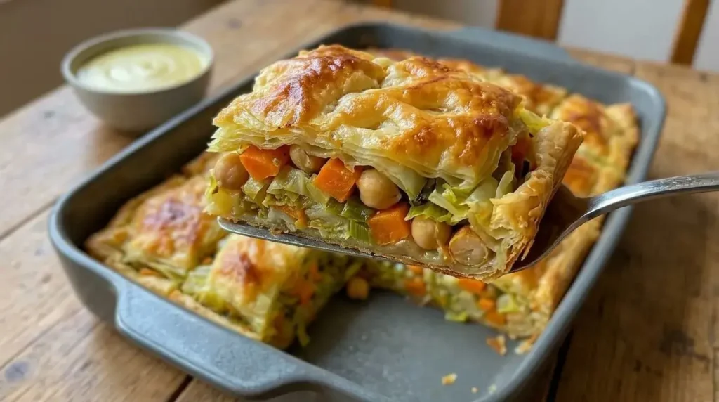 A close-up of a square slice of cabbage börek pie showing flaky pastry layers and chickpea filling.