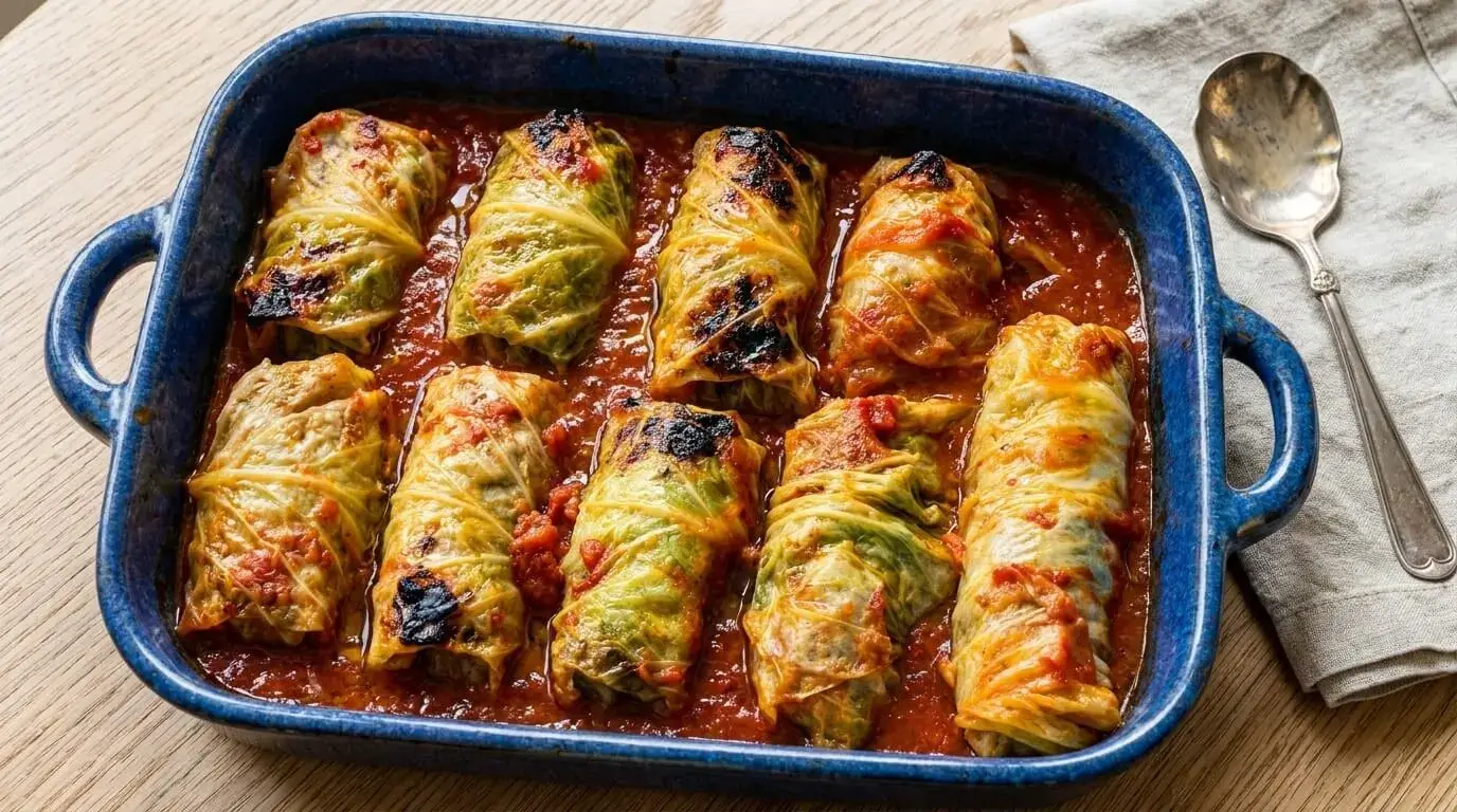 Baked stuffed cabbage rolls recipe featuring golden-brown cabbage rolls in rich tomato sauce served in a blue baking dish.