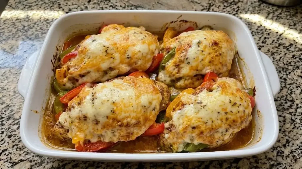 Baked cheesy fajita stuffed chicken breasts topped with melted cheese in a white ceramic baking dish.
