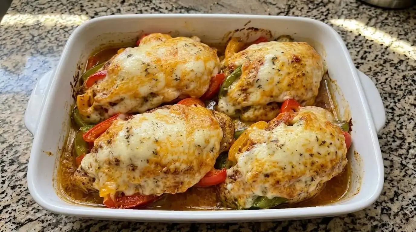 Baked cheesy fajita stuffed chicken breasts topped with melted cheese in a white ceramic baking dish.