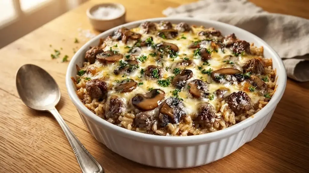 Golden-brown Cheesy Mushroom Meatball Rice Casserole baked in a round white ceramic dish and garnished with fresh parsley.