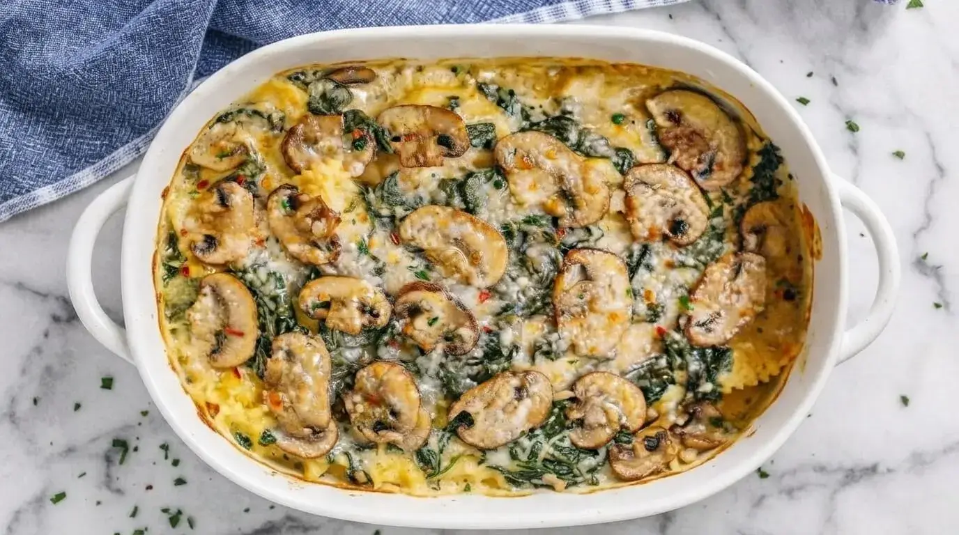 Cheesy Mushroom Ravioli Casserole with Spinach baked in a white dish with golden melted cheese and cremini mushrooms.