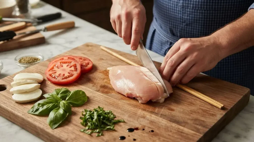 How to cut Hasselback chicken breasts using chopsticks on a wooden cutting board.