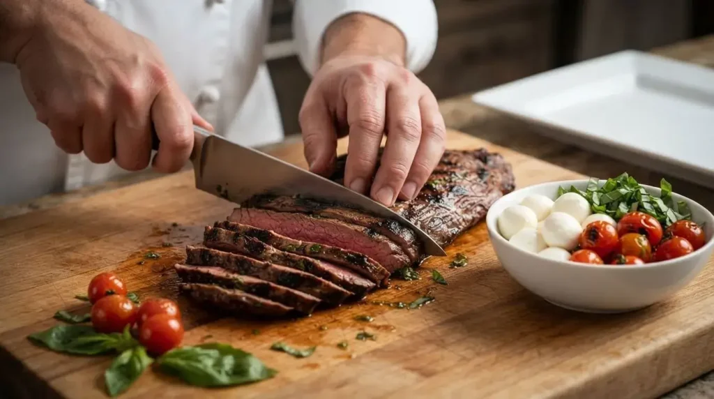 Chef slicing grilled flank steak against the grain on a cutting board alongside fresh Caprese salad ingredients.