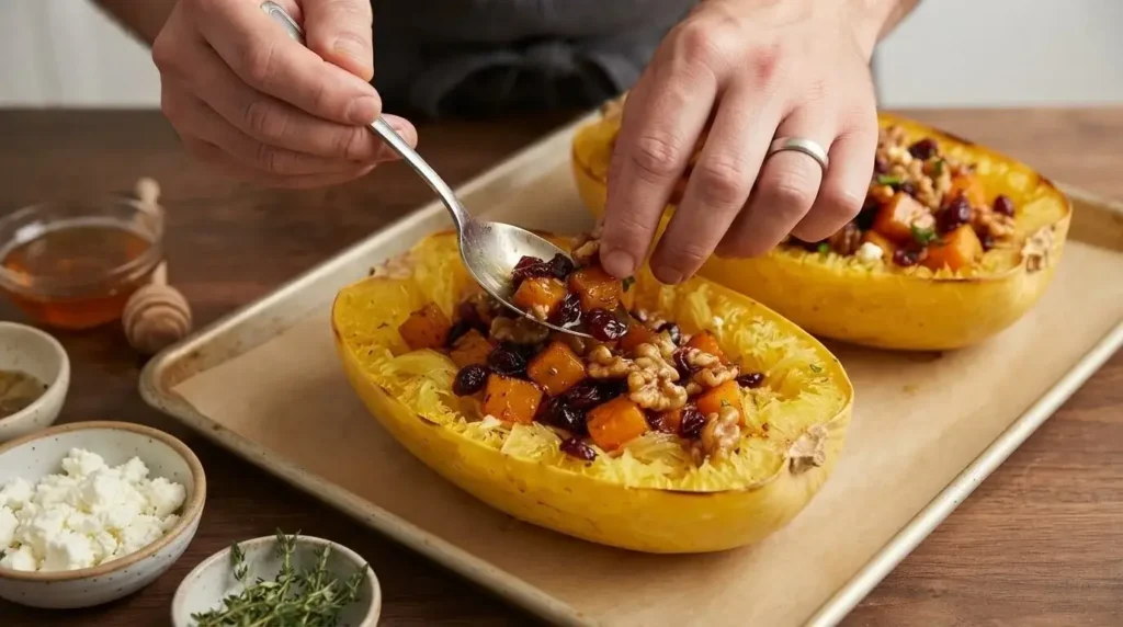 Spooning roasted pumpkin, cranberry, and walnut stuffing into a roasted spaghetti squash boat.