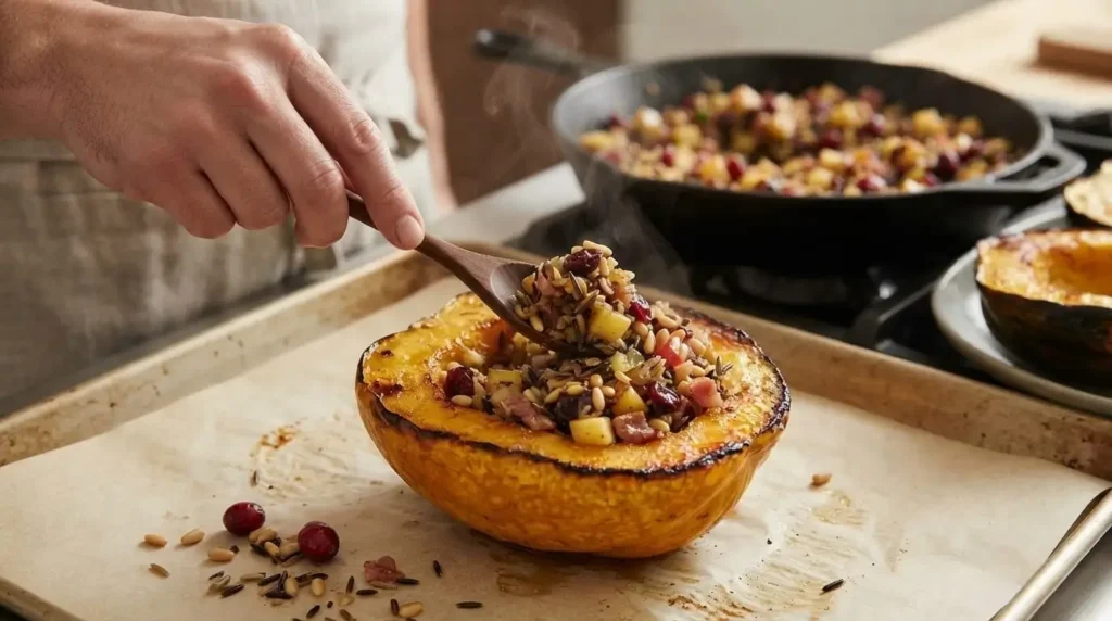 Spooning warm apple cranberry wild rice stuffing into a roasted acorn squash half on a baking tray.