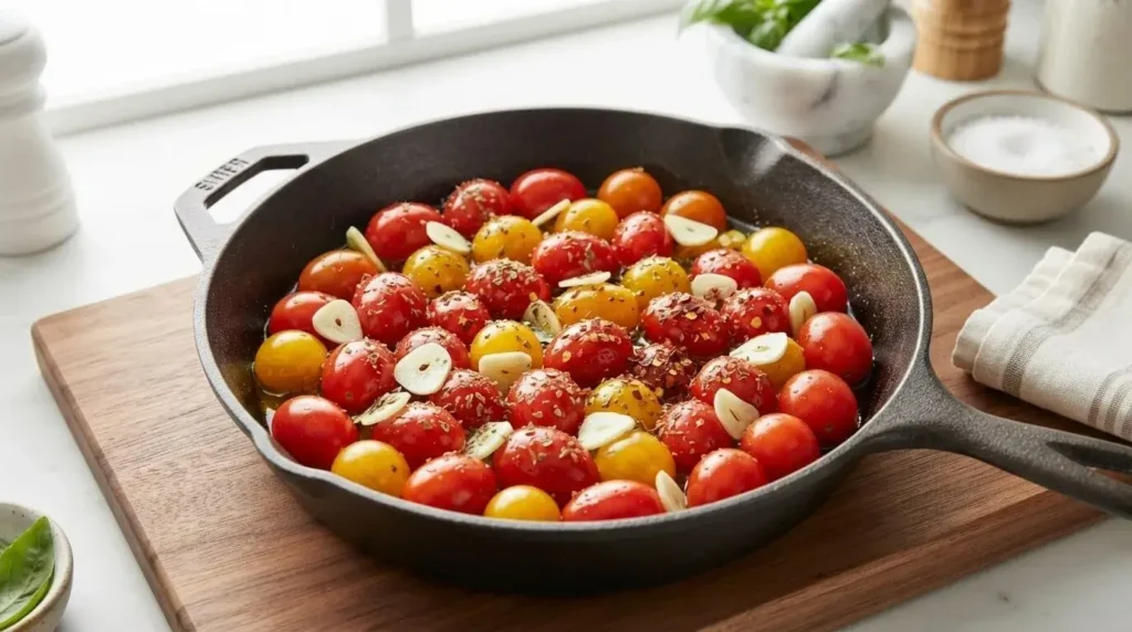 Fresh raw cherry tomatoes seasoned with sliced garlic, olive oil, and herbs in a cast iron skillet before baking.