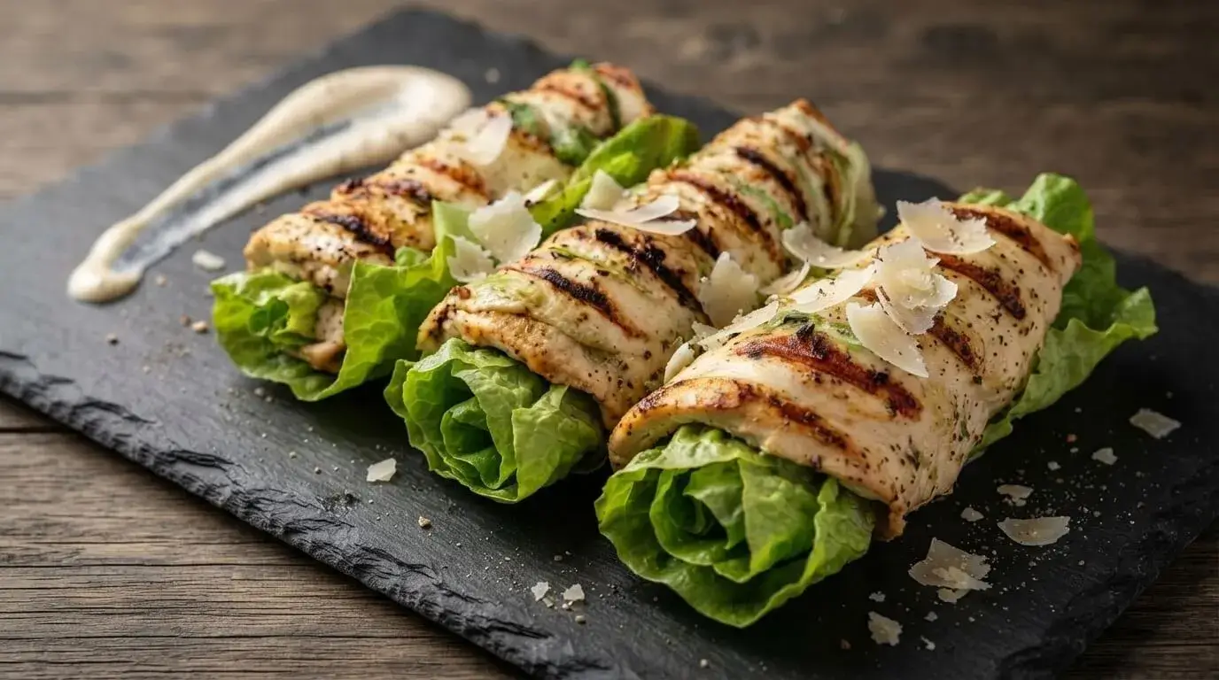 Grilled Chicken Caesar Salad Roll-ups served on a dark rustic platter with fresh romaine and shaved Parmesan cheese.