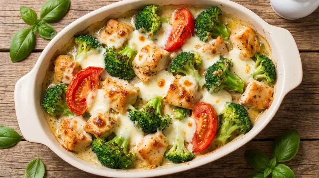 Freshly baked Creamy Chicken and Broccoli Bake with melted cheese and red tomato wedges in a white dish.