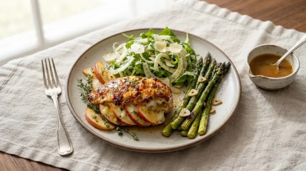 Plated Apple and Brie Stuffed Chicken meal served with roasted asparagus and fresh arugula salad.