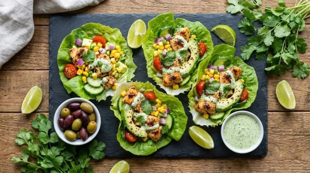 Platter of four Mediterranean chicken avocado lettuce wraps served with lime wedges and sauce.