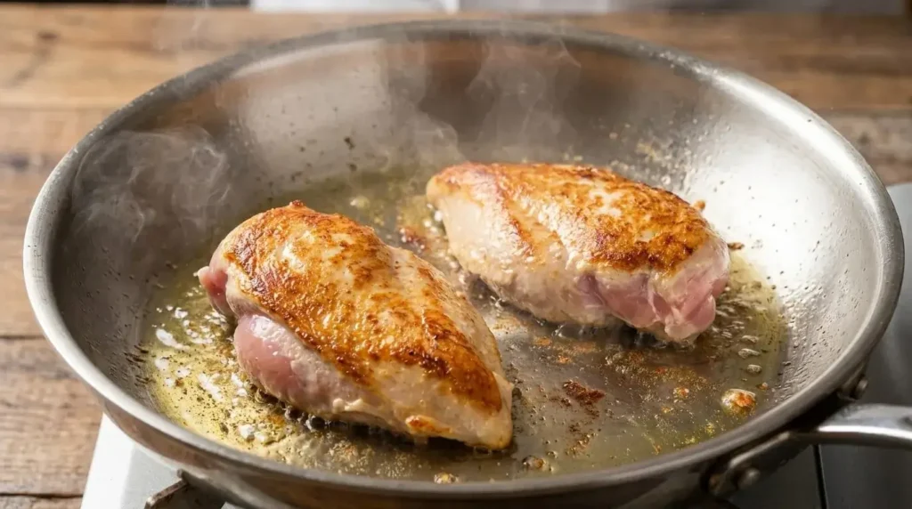 Searing seasoned chicken breasts in an olive oil skillet until golden brown for chicken puttanesca.
