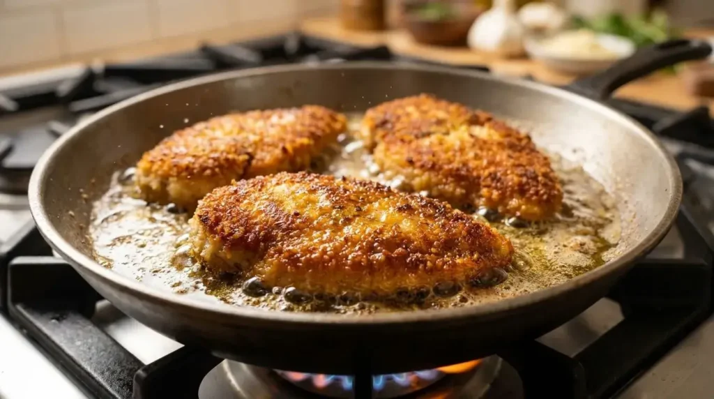 Searing panko parmesan crusted chicken cutlets in extra virgin olive oil in a skillet.