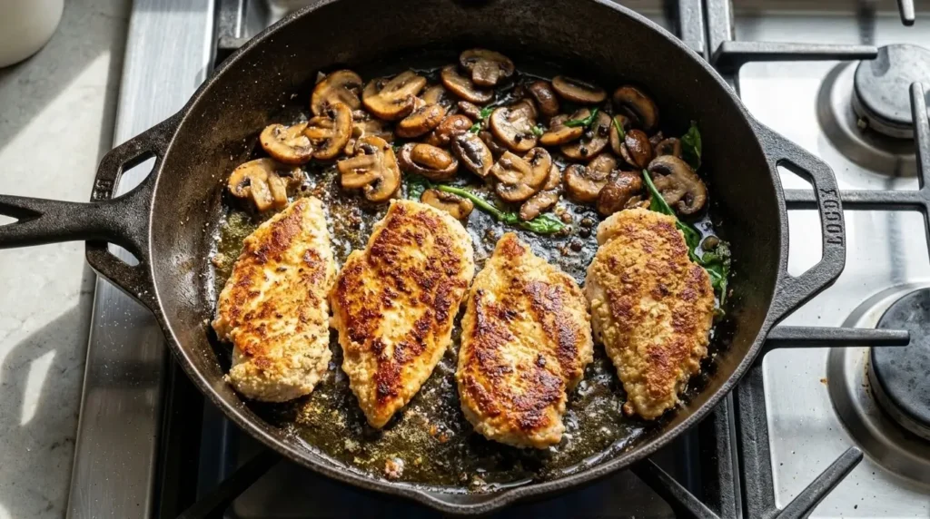 Searing almond-flour-dredged chicken cutlets in a hot olive oil skillet until golden brown.