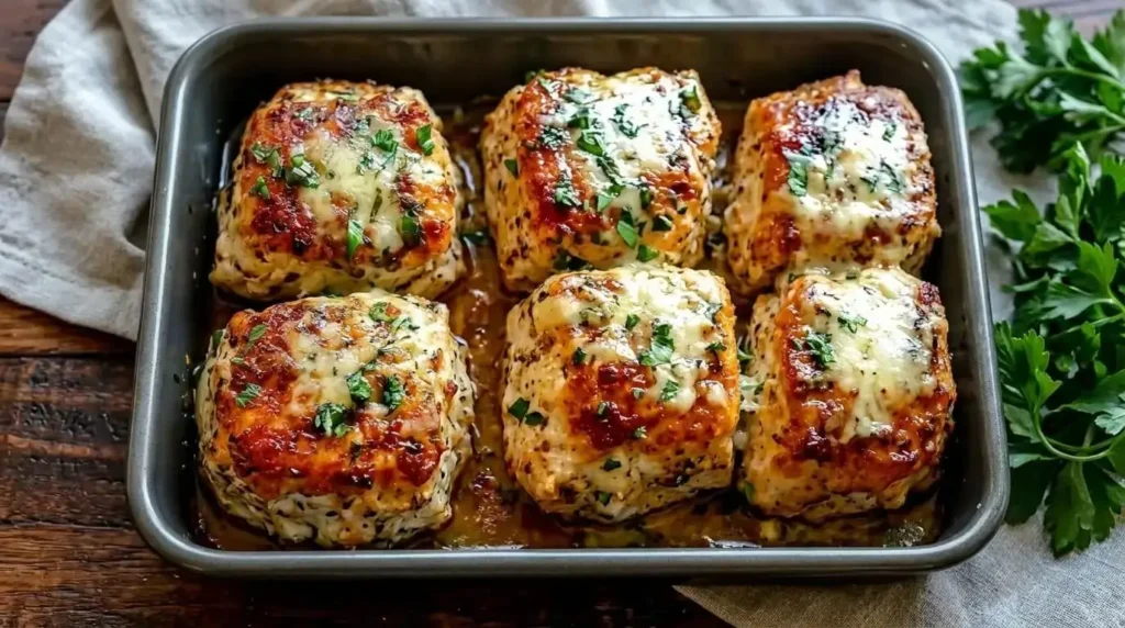 Garlic Butter Baked Mozzarella Chicken Breasts in a baking pan topped with melted cheese and fresh parsley.