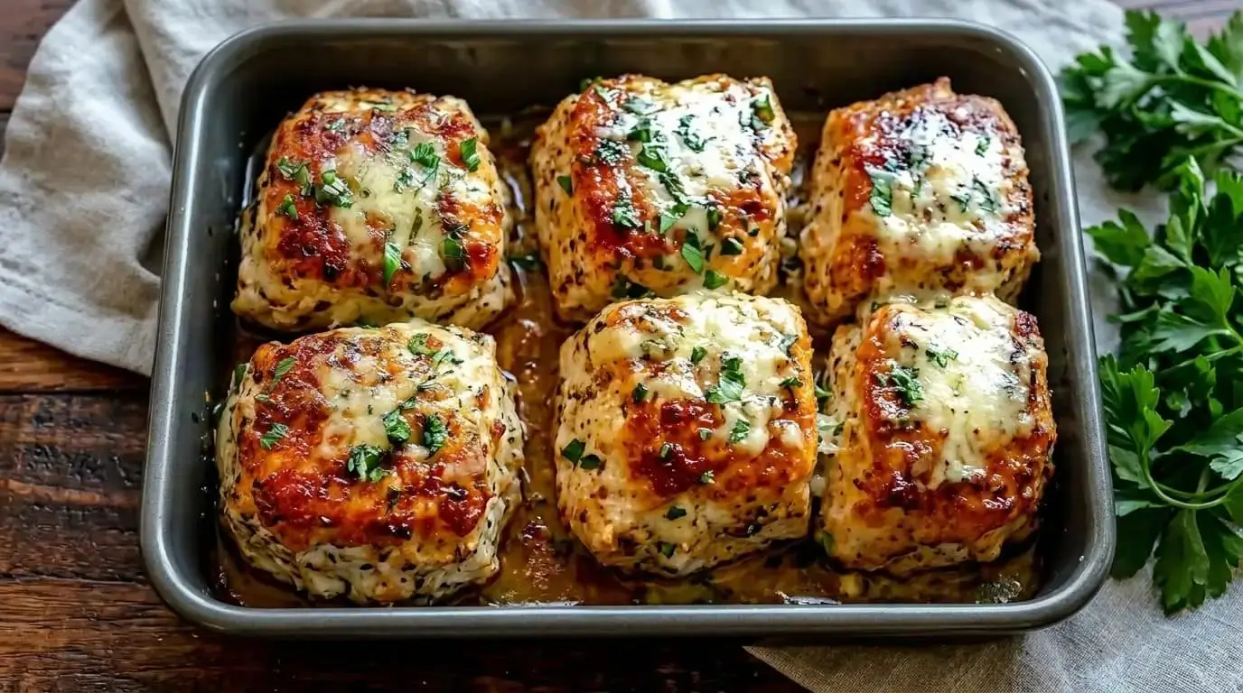 Garlic Butter Baked Mozzarella Chicken Breasts in a baking pan topped with melted cheese and fresh parsley.