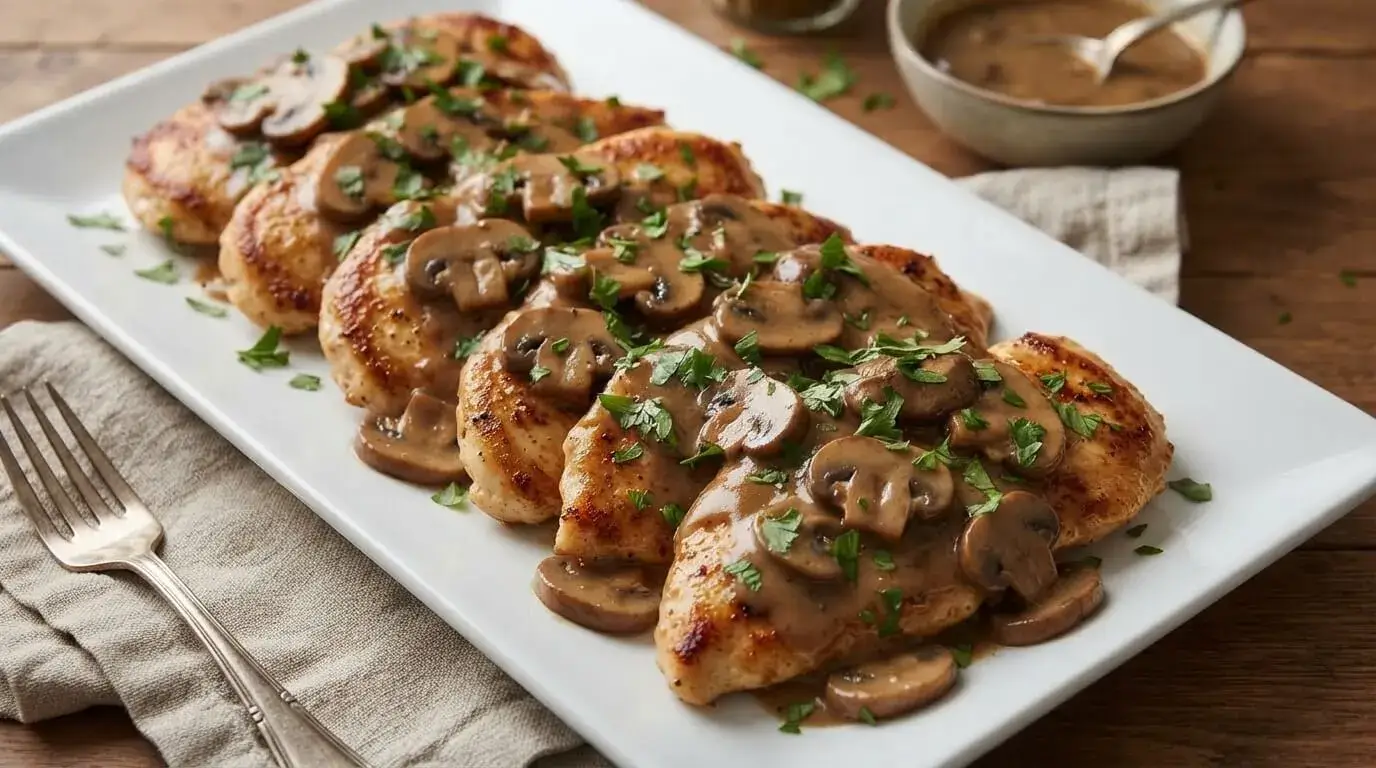 Mediterranean Stanley Tucci lemon shallot chicken cutlets topped with creamy mushroom sauce and fresh parsley on a white platter.