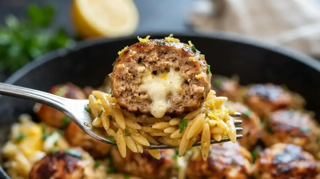 Close up view of a tender chicken meatball with melted feta cheese on a fork with garlic orzo pasta.