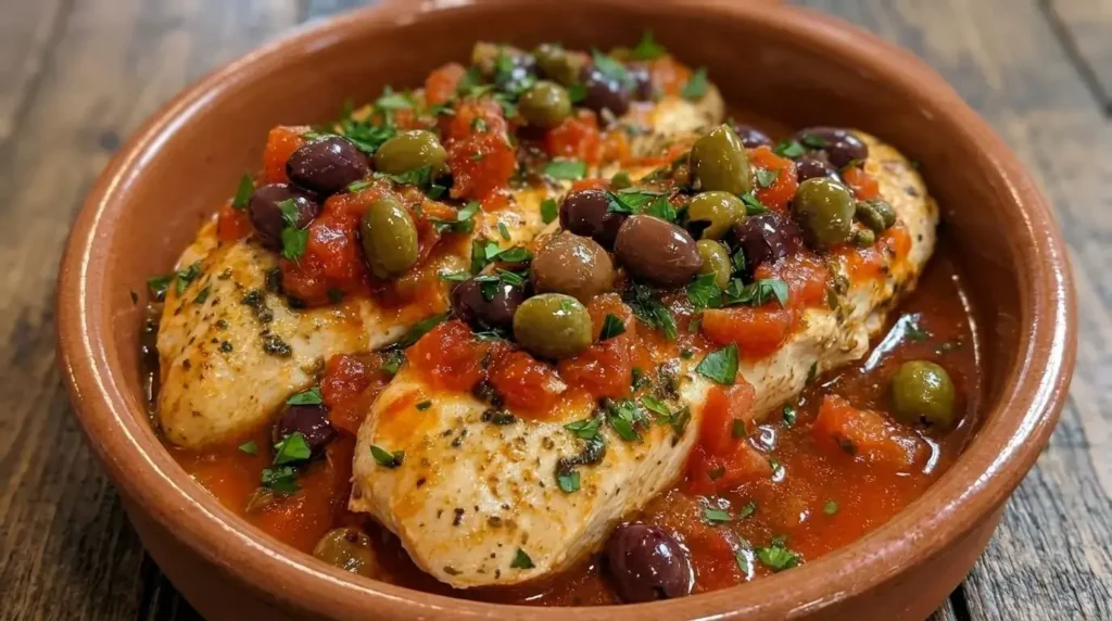 Seared chicken breasts topped with briny tomato puttanesca sauce, Kalamata olives, green olives, and capers in an earthenware bowl.