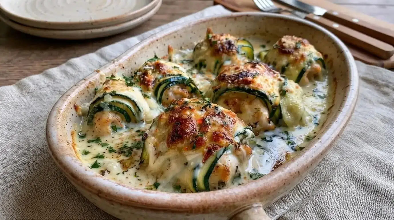 Baked garlic parmesan zucchini wrapped chicken rolls with golden bubbly melted mozzarella cheese and fresh parsley garnish in a baking dish.