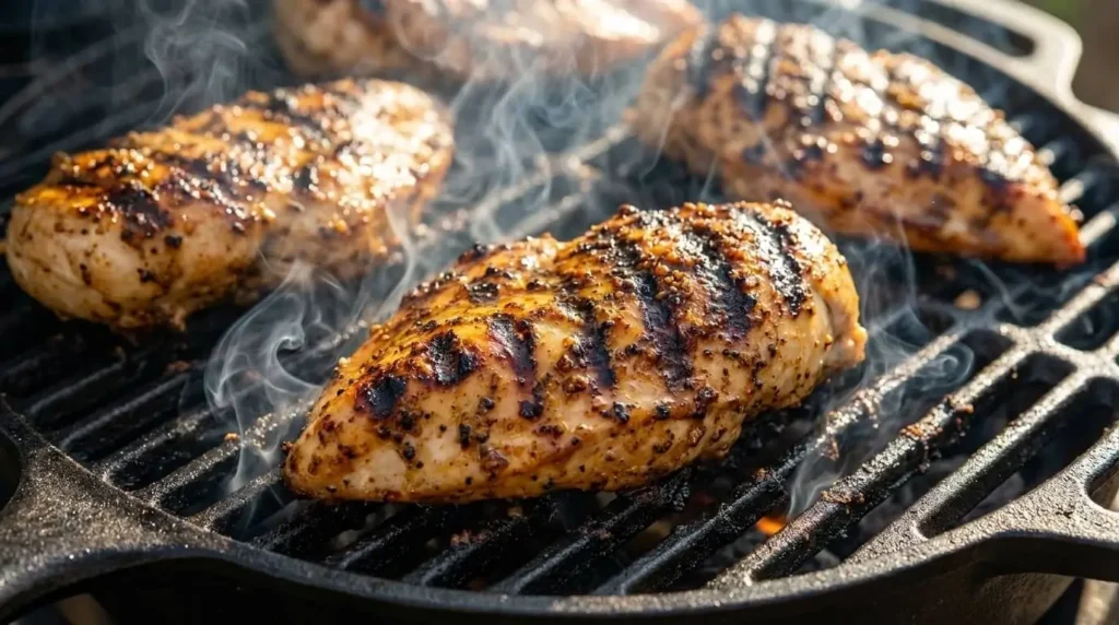 Seasoned chicken breasts searing with grill marks on a hot grill.