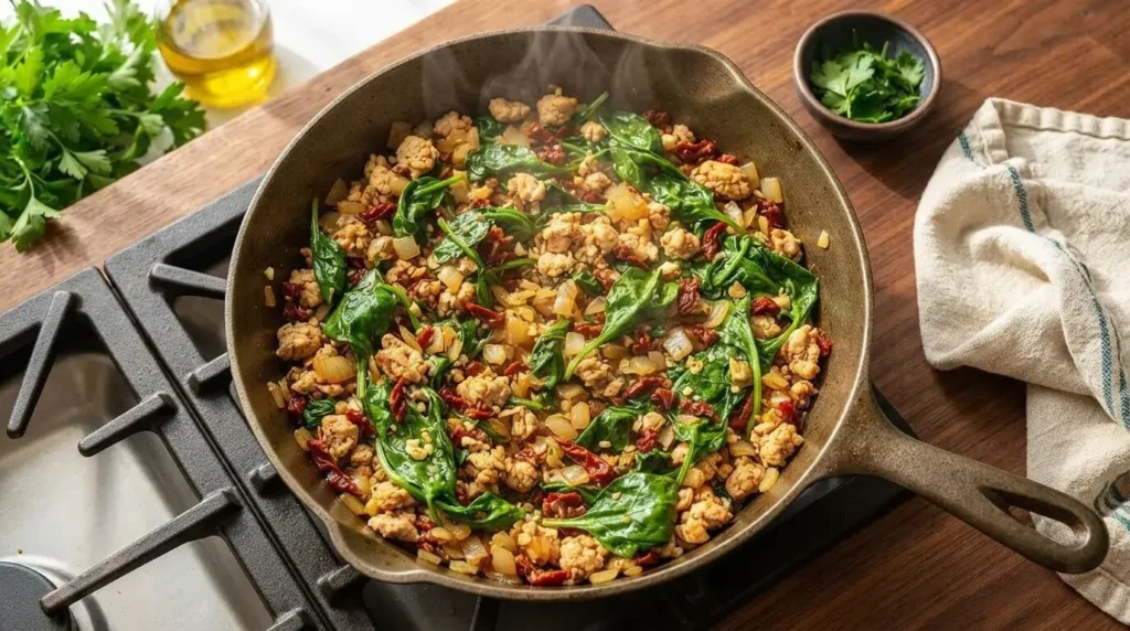 Sautéing ground chicken, minced garlic, baby spinach, and sun-dried tomatoes in extra virgin olive oil in a skillet.