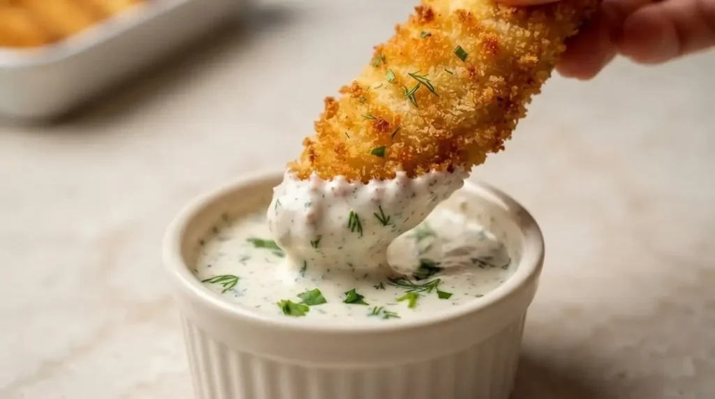 Crispy panko ranch chicken tender dipped in creamy Greek yogurt herb ranch dipping sauce.