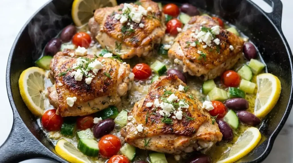 Top-down view of Greek Chicken and Lemon Feta cooked in a skillet with cherry tomatoes, olives, and fresh herbs.