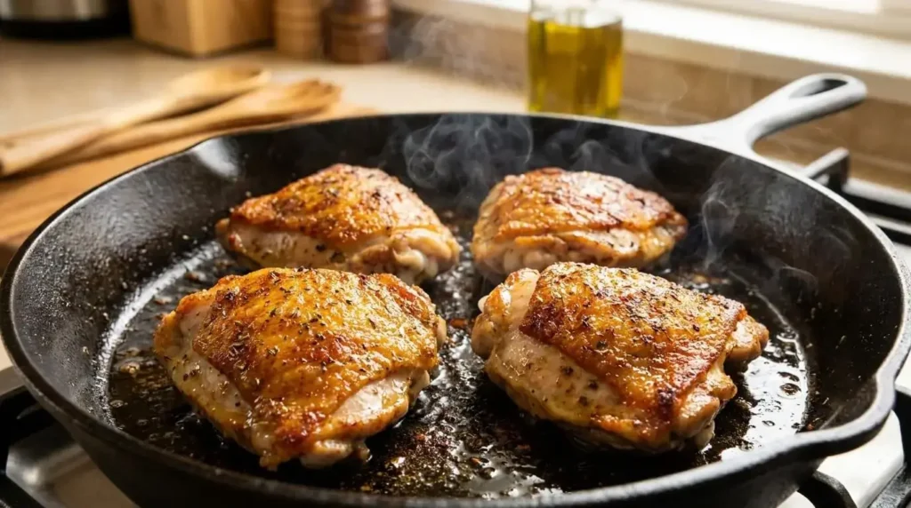 Searing bone-in chicken thighs skin-side down in a cast-iron skillet for Greek lemon chicken.