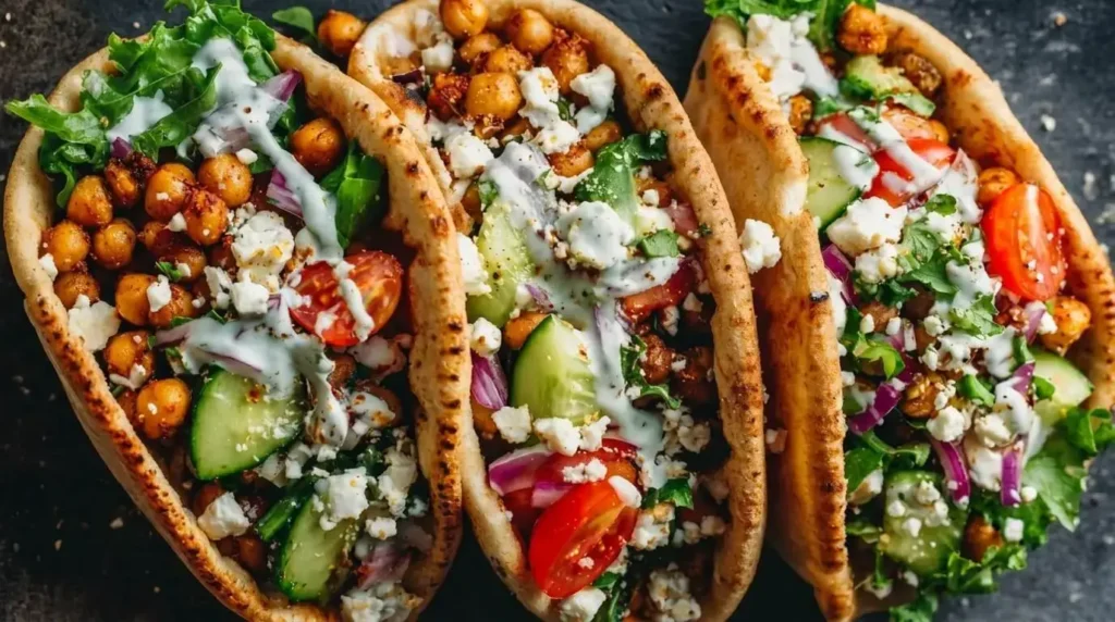 Three Mediterranean roasted chickpea gyros filled with crispy chickpeas, cucumber, cherry tomatoes, red onion, feta cheese, and tzatziki sauce.