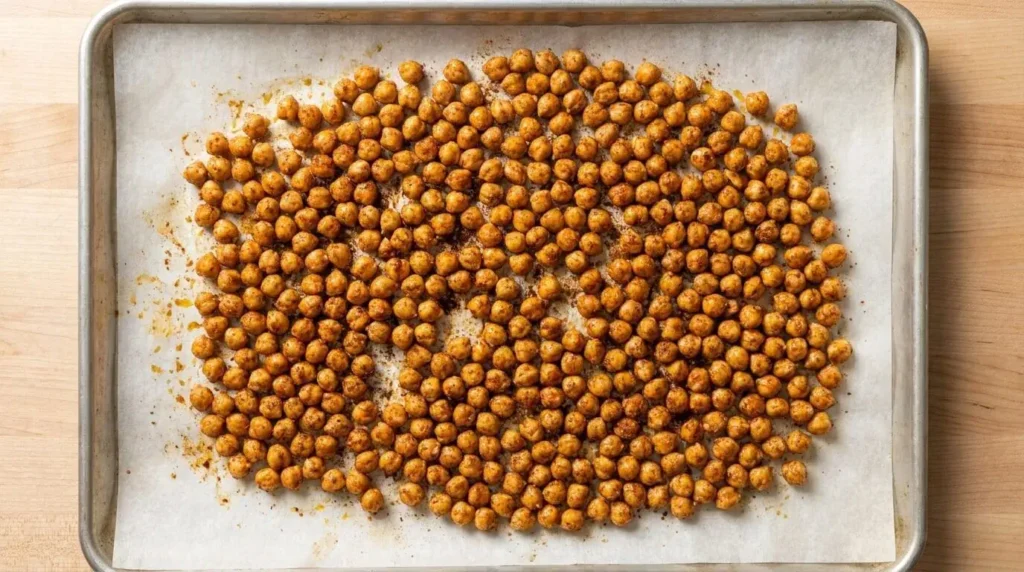Raw chickpeas coated in olive oil and red Mediterranean spices spread evenly on a parchment-lined baking sheet.