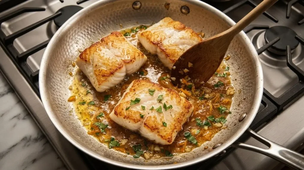 Searing white fish fillets in a hot skillet for the orange sauce glaze recipe.