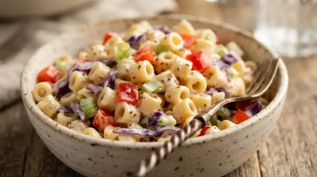 Close-up detail of a portion of creamy no-mayo coleslaw pasta salad in a white ceramic bowl showing fresh vegetable textures.