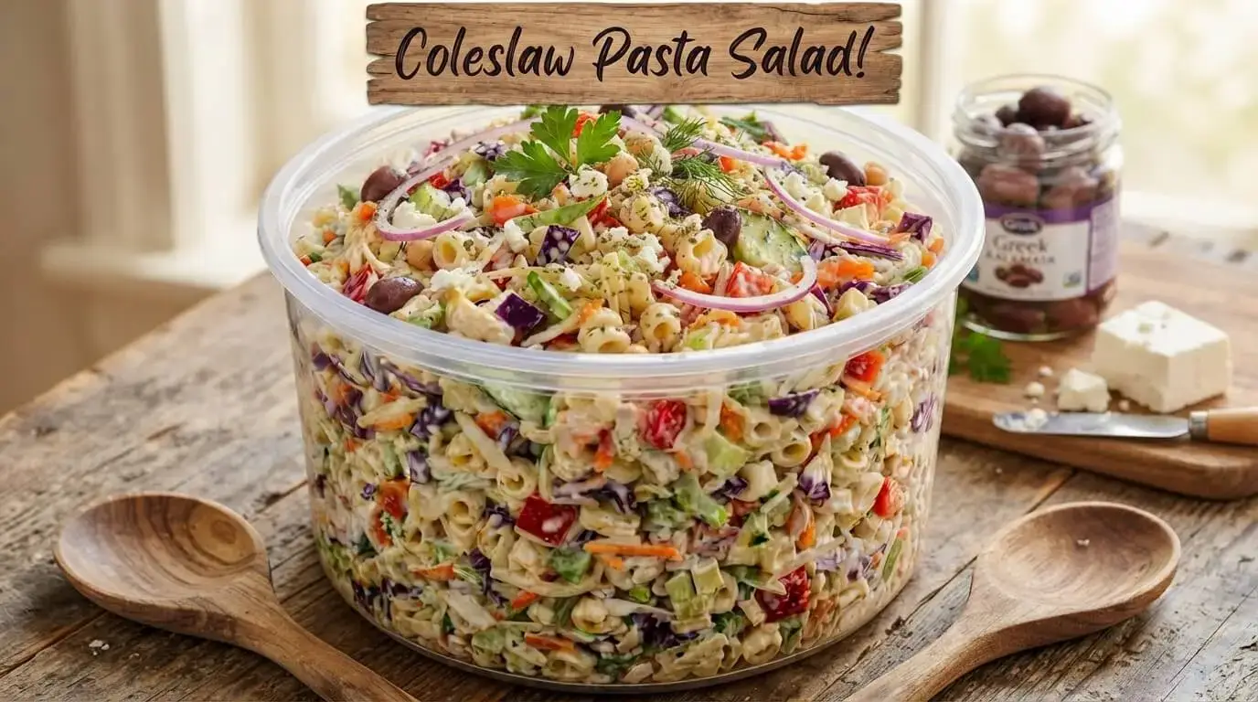 Large clear bowl filled with creamy coleslaw pasta salad made with ditalini pasta, shredded cabbage, red bell peppers, and cucumber.