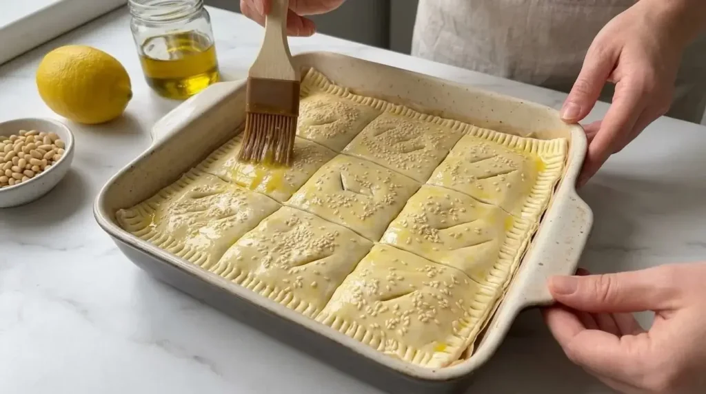 "Brushing egg wash over unbaked spinach and cheese puff pastry squares before baking."