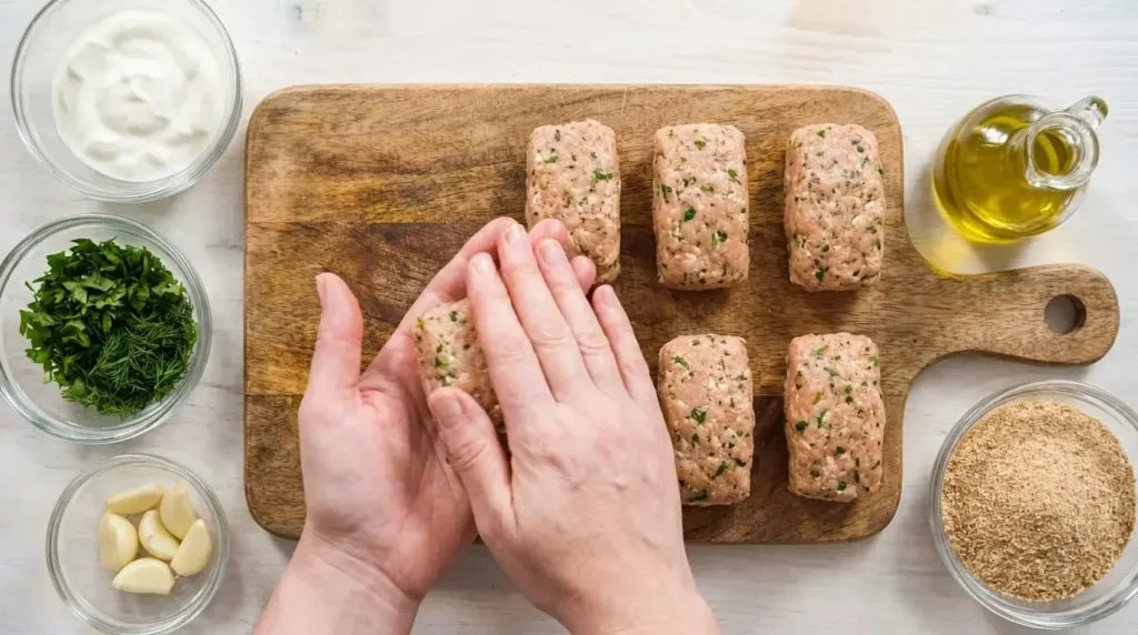 Preparing ground chicken base with Greek yogurt, garlic, and herbs for baked cutlets.