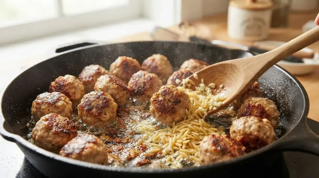 Searing chicken feta meatballs in a cast iron pan with garlic and olive oil.