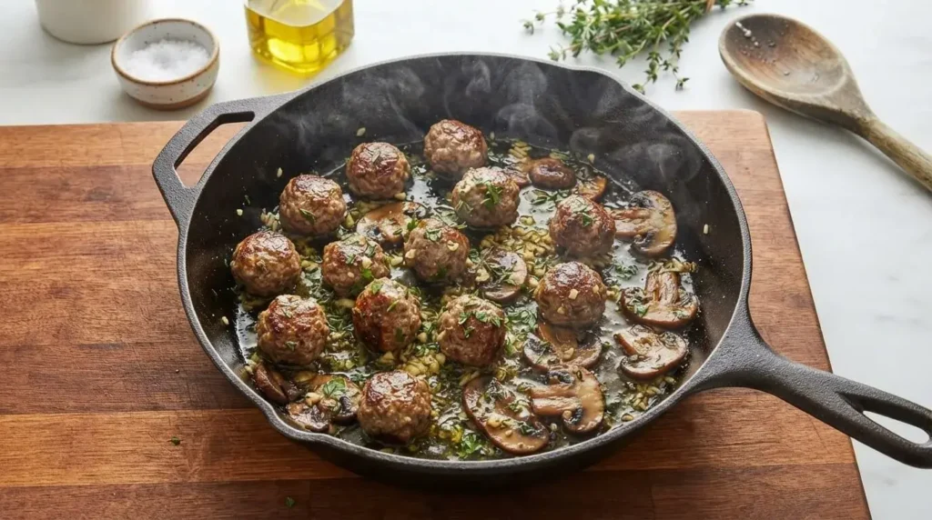 Searing meatballs and cremini mushrooms in extra virgin olive oil inside a cast iron skillet.